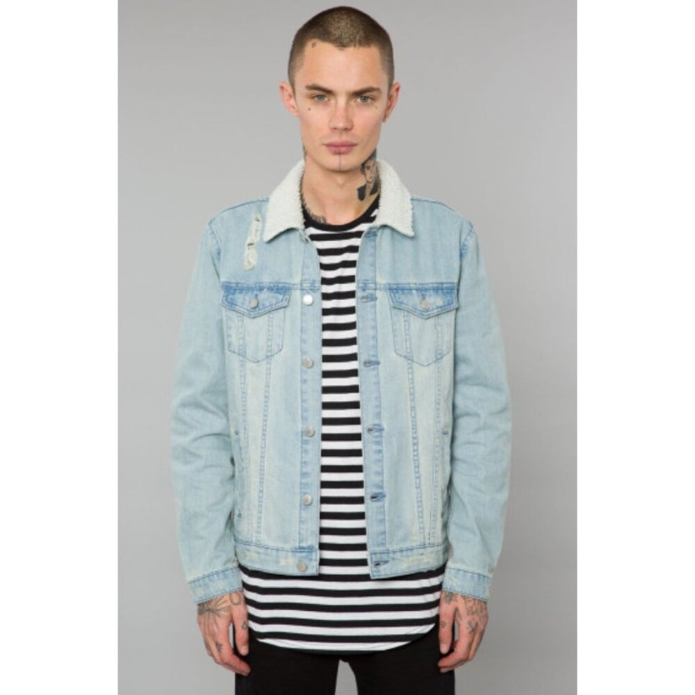 Elwood Mens Light Indigo Denim Sherpa Collar Trucker Jacket Button Up Size XL